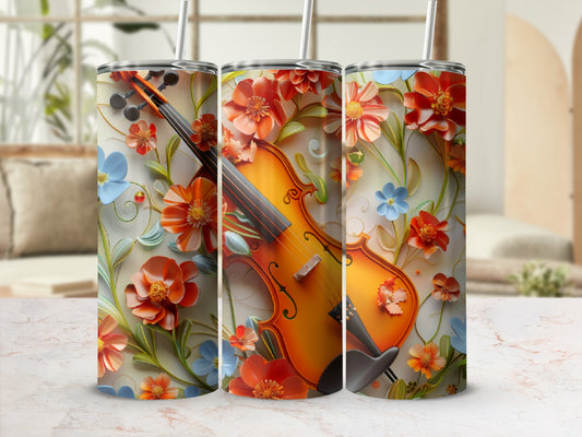 Violin with orange and blue floral pattern on a white background.