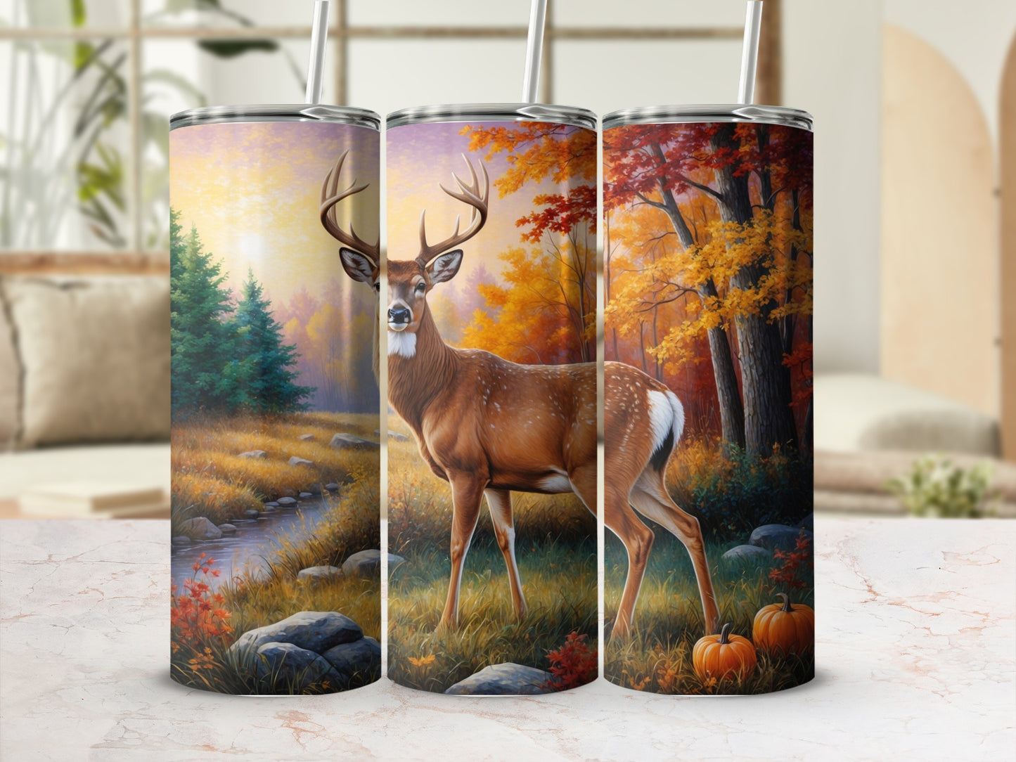 Deer standing in autumn forest with pumpkins, realistic painting.