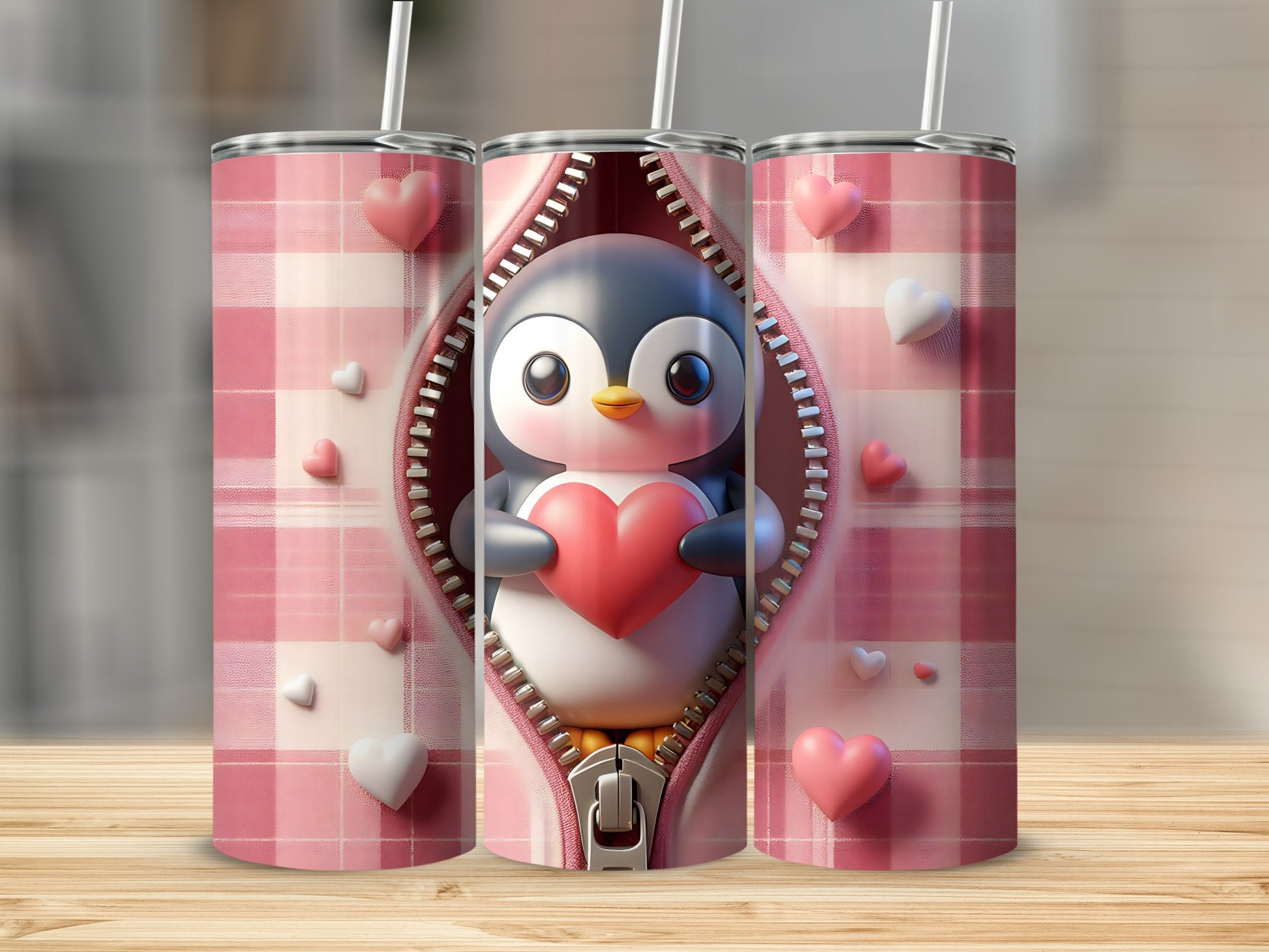 Penguin with heart in zipper opening on pink plaid tumbler.