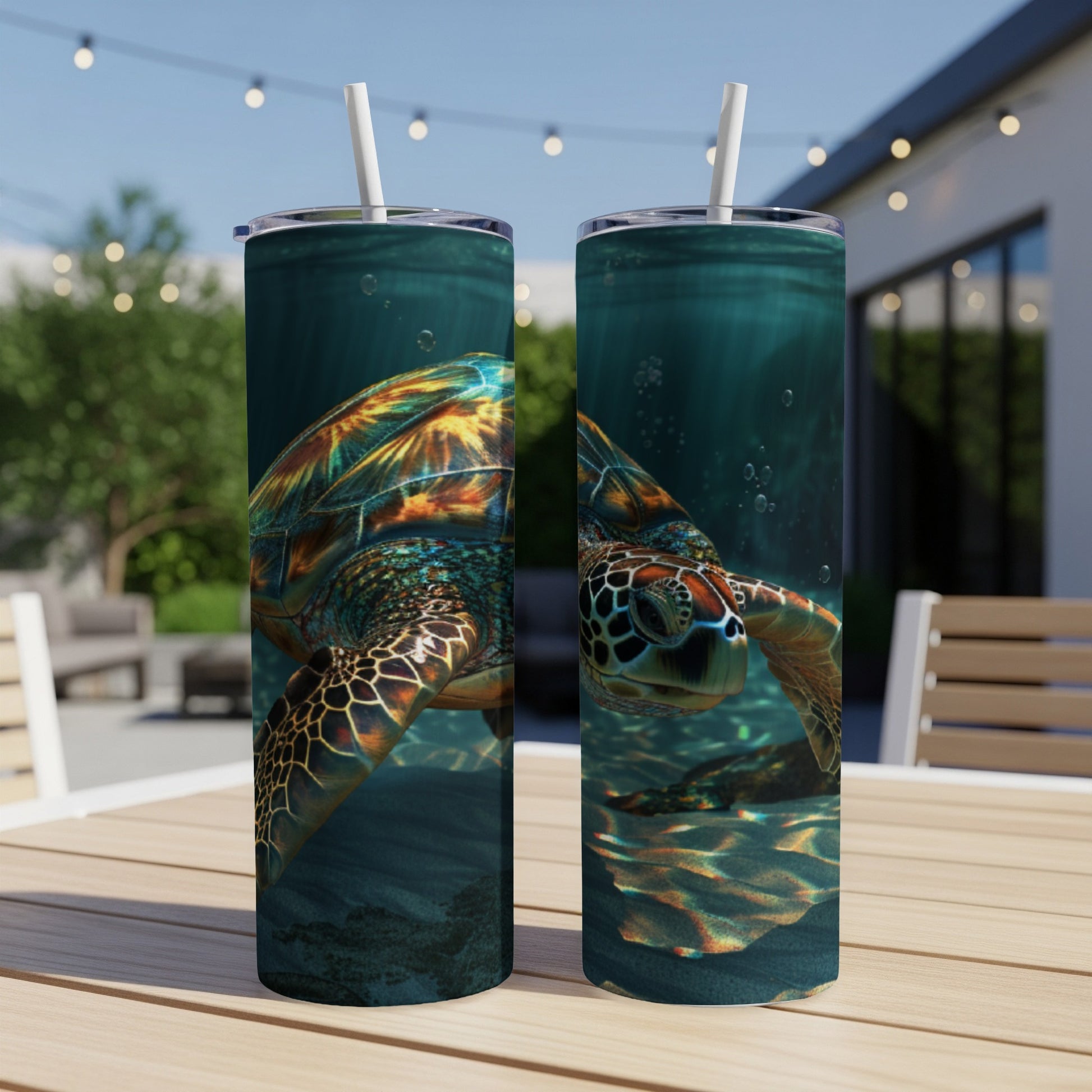 Two tumblers with sea turtle graphics, set on a table outdoors.