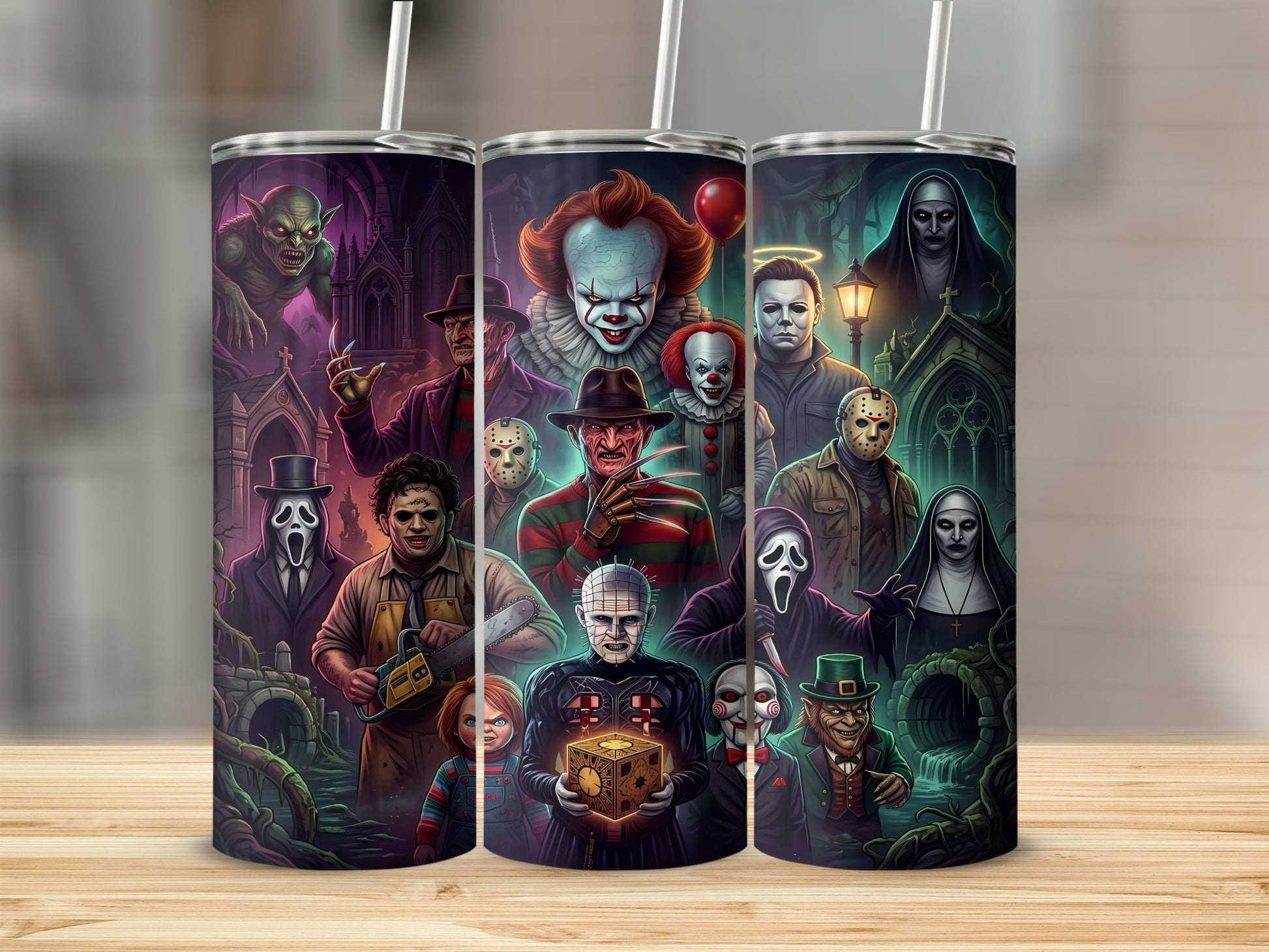 Collage of horror movie villains on a tumbler, including Pennywise and Michael Myers.