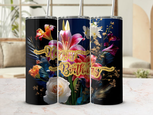 Black tumbler with "Happy Birthday" and floral design.