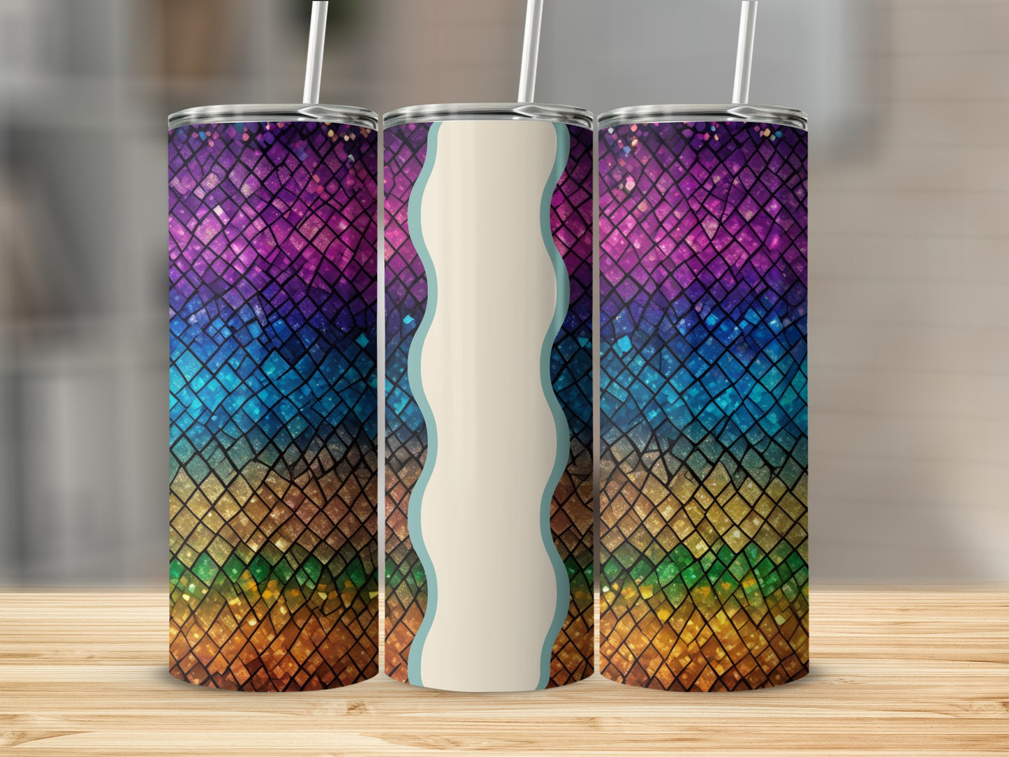 Three tumblers with colorful mosaic designs and a cream wavy accent.