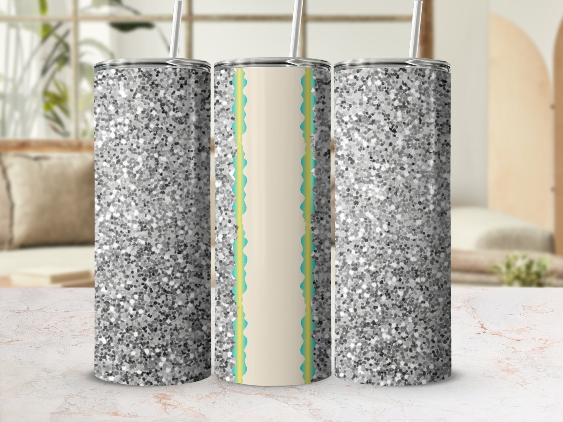Three glittery tumblers with pastel wave designs in a staged setting.