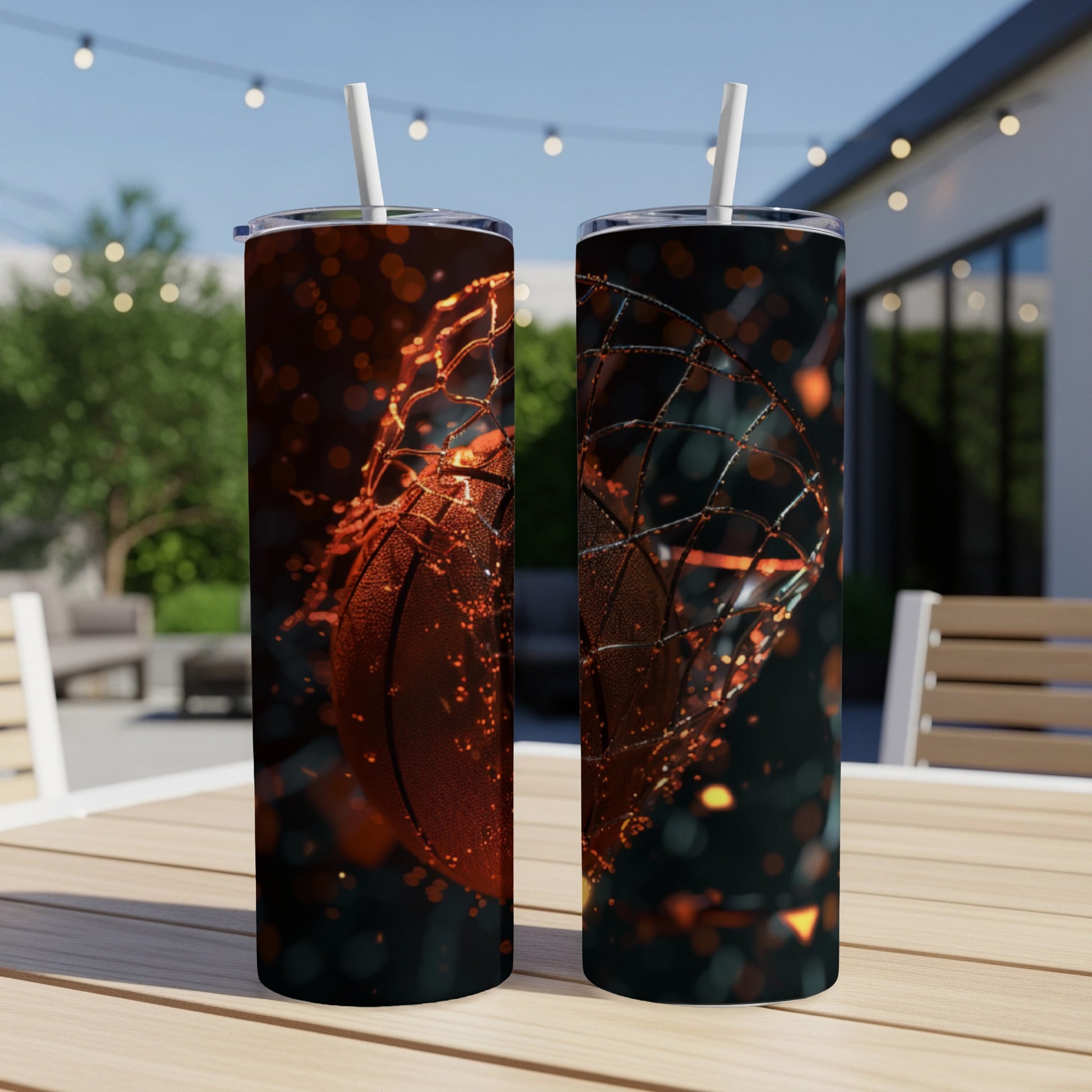 Two tumblers with a basketball net and splash design.