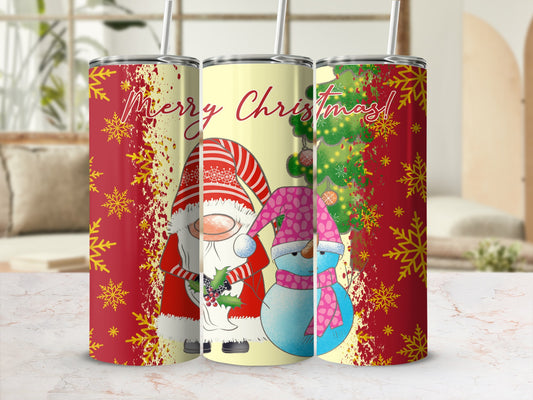 Christmas gnome and snowman with snowflakes and text "Merry Christmas".