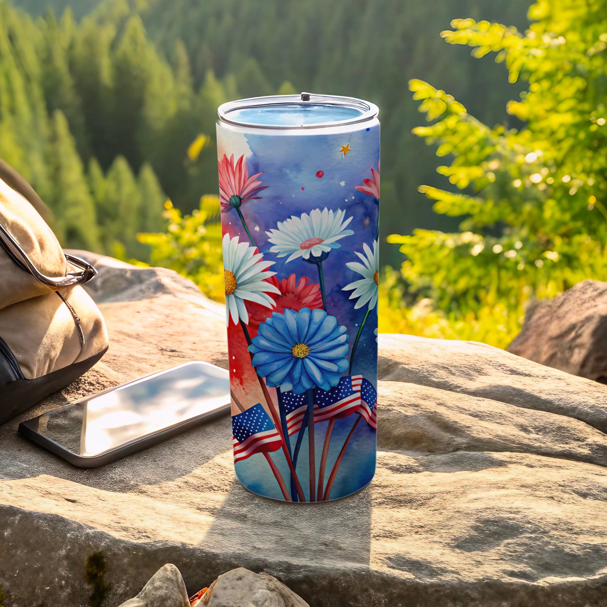 Red, white, and blue floral tumbler with American flags.