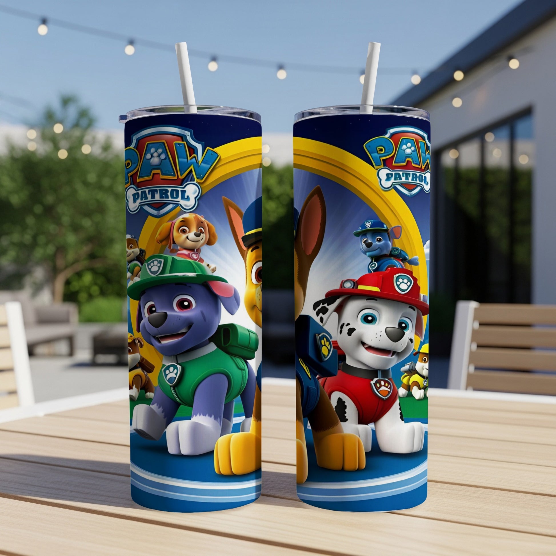 Paw Patrol characters Chase and Marshall on two matching tumblers.