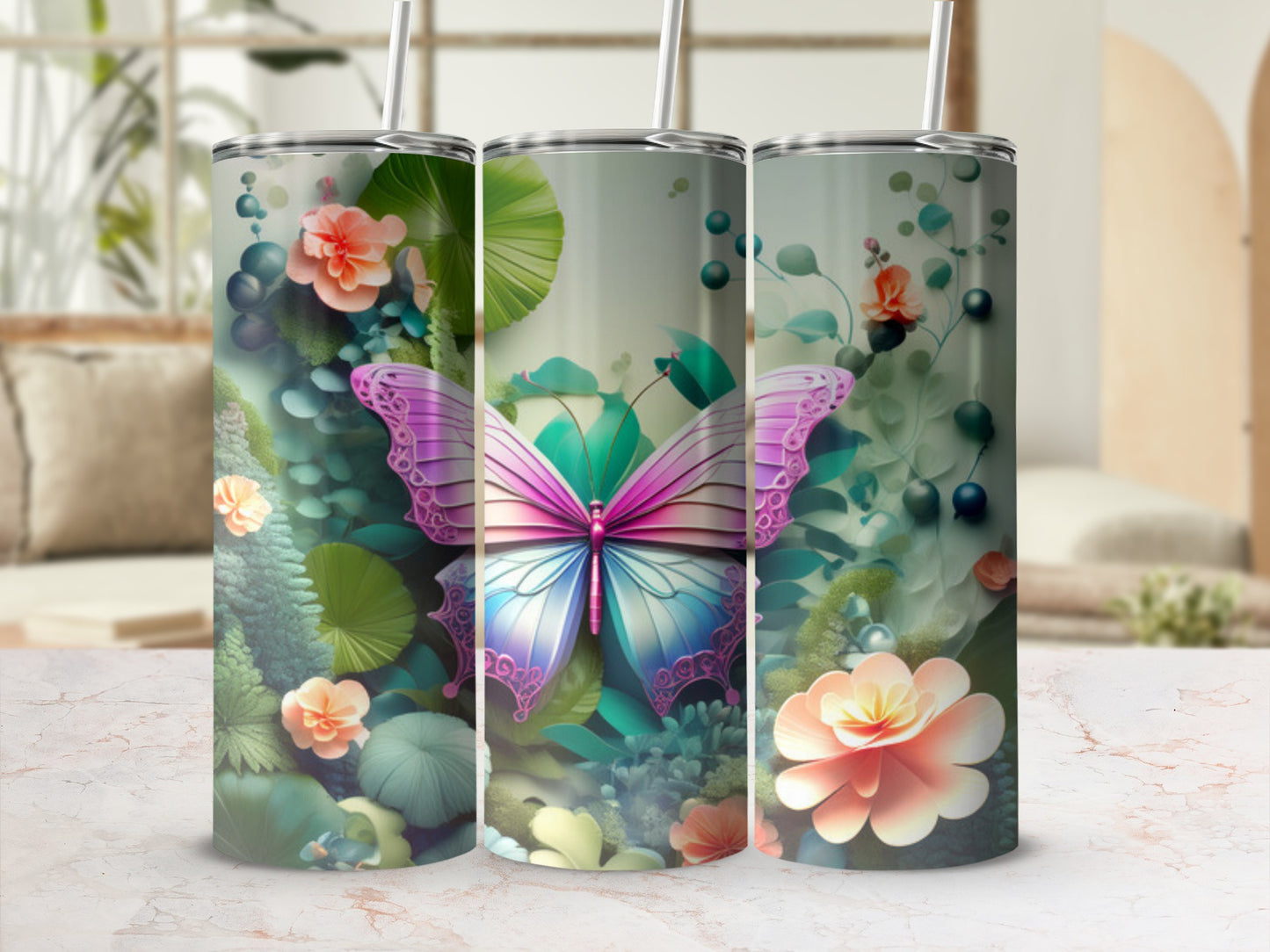 Three tumblers with a large butterfly and floral design.