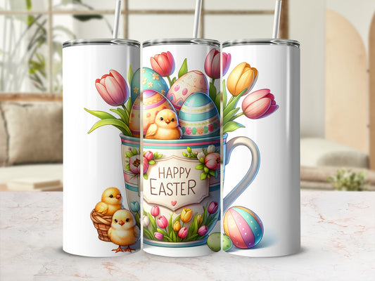Easter tumbler with tulips, chicks, and colorful eggs in a mug.