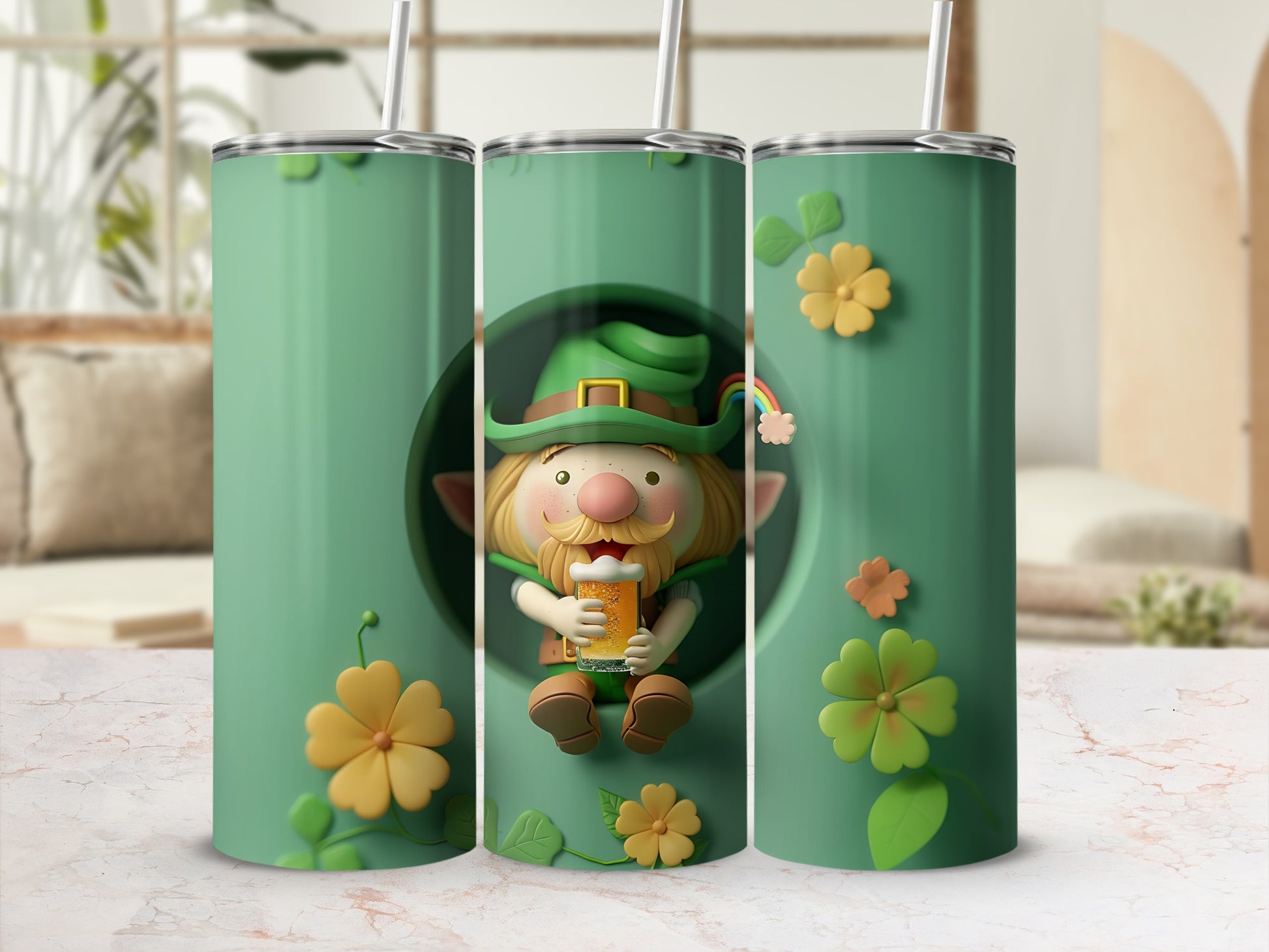 Green tumbler with St. Patrick's Day gnome and beer mug.