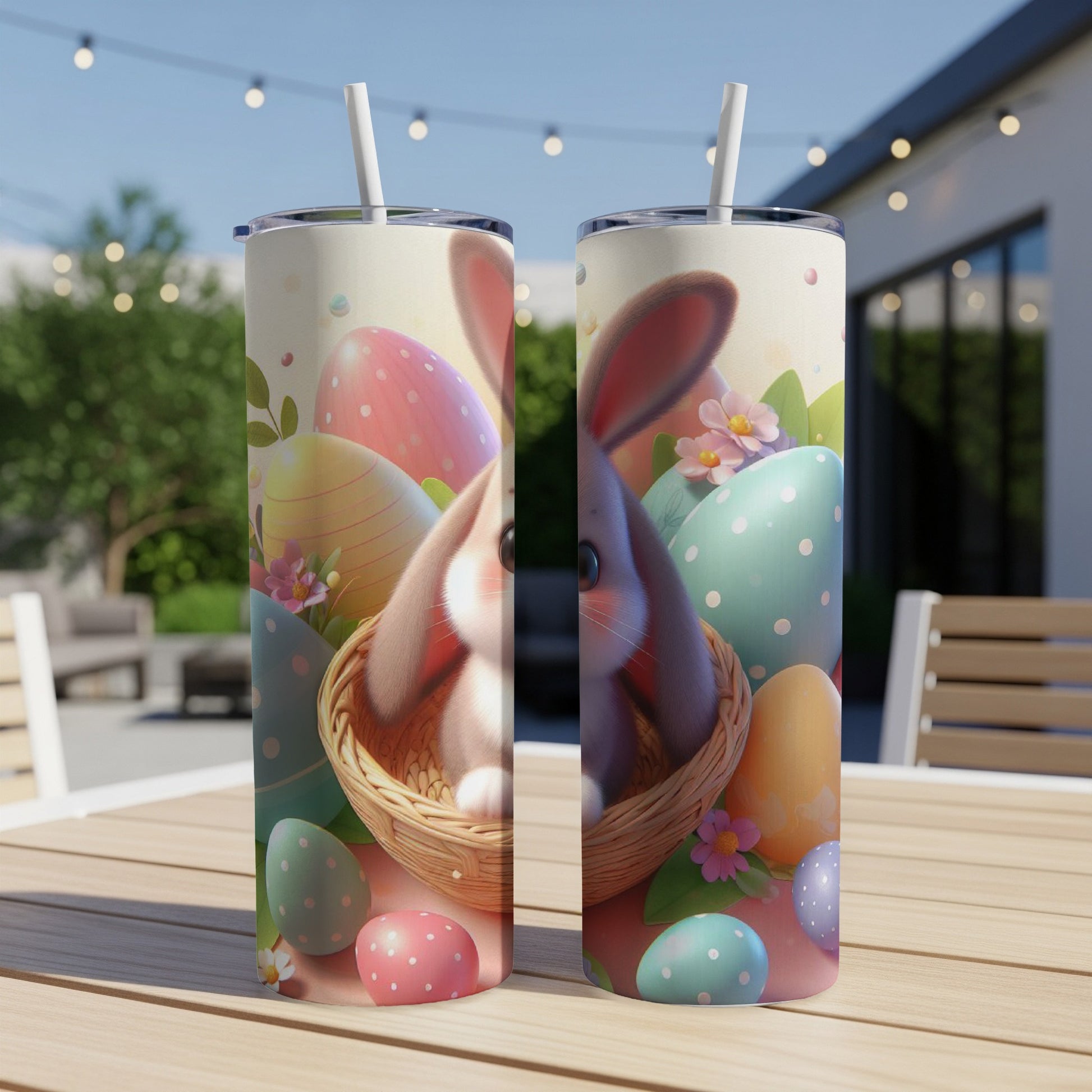 Easter bunny and eggs design on two white tumblers.