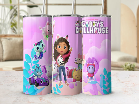 Gabby's Dollhouse Gabby and friends on a purple tumbler with straw.