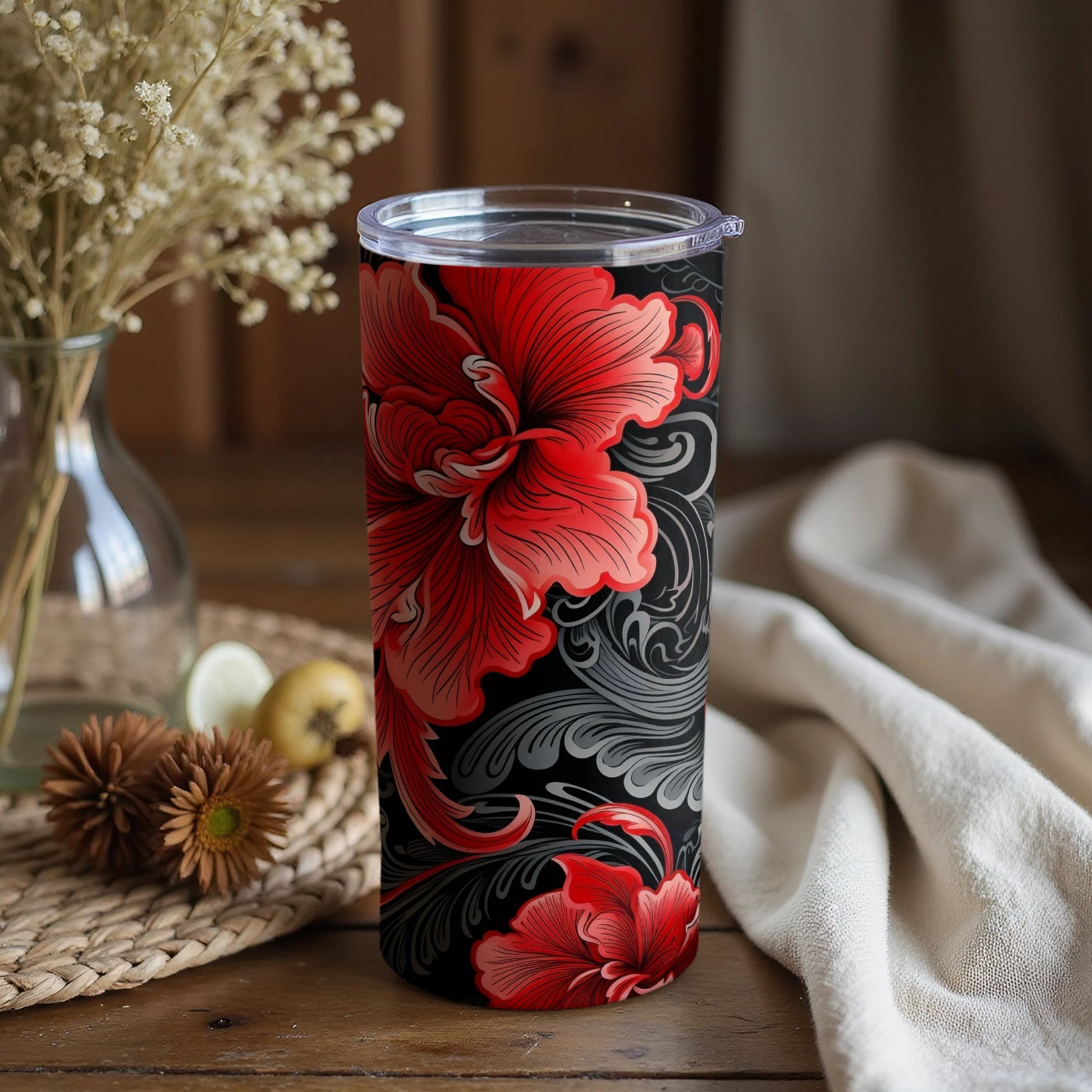 Elegant Black and Red Floral Pattern Tumbler