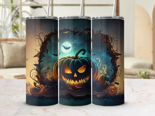 Tumbler with a spooky Jack-o'-lantern and bats design.