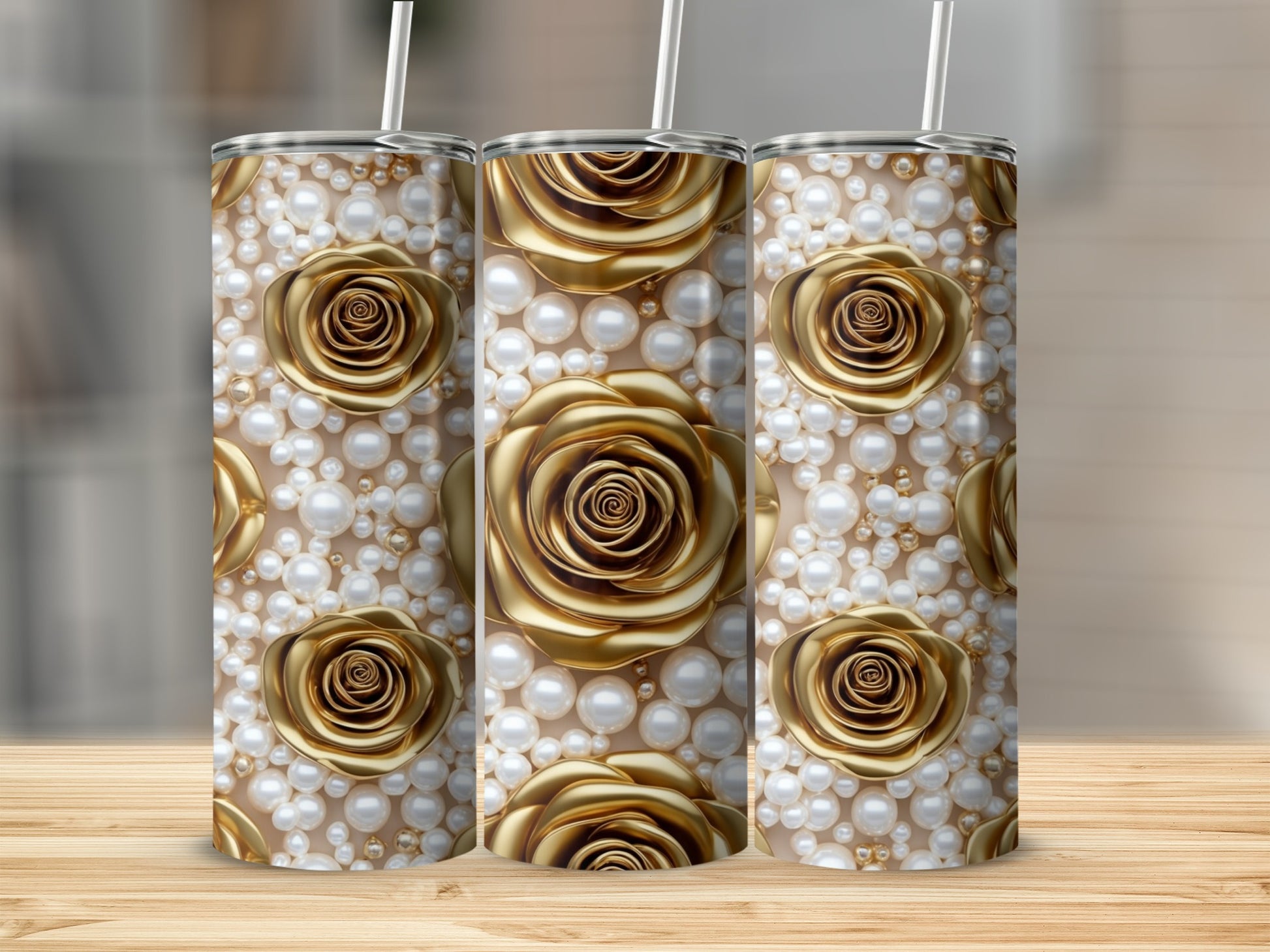 Gold roses and pearls pattern on a tumbler with a straw.