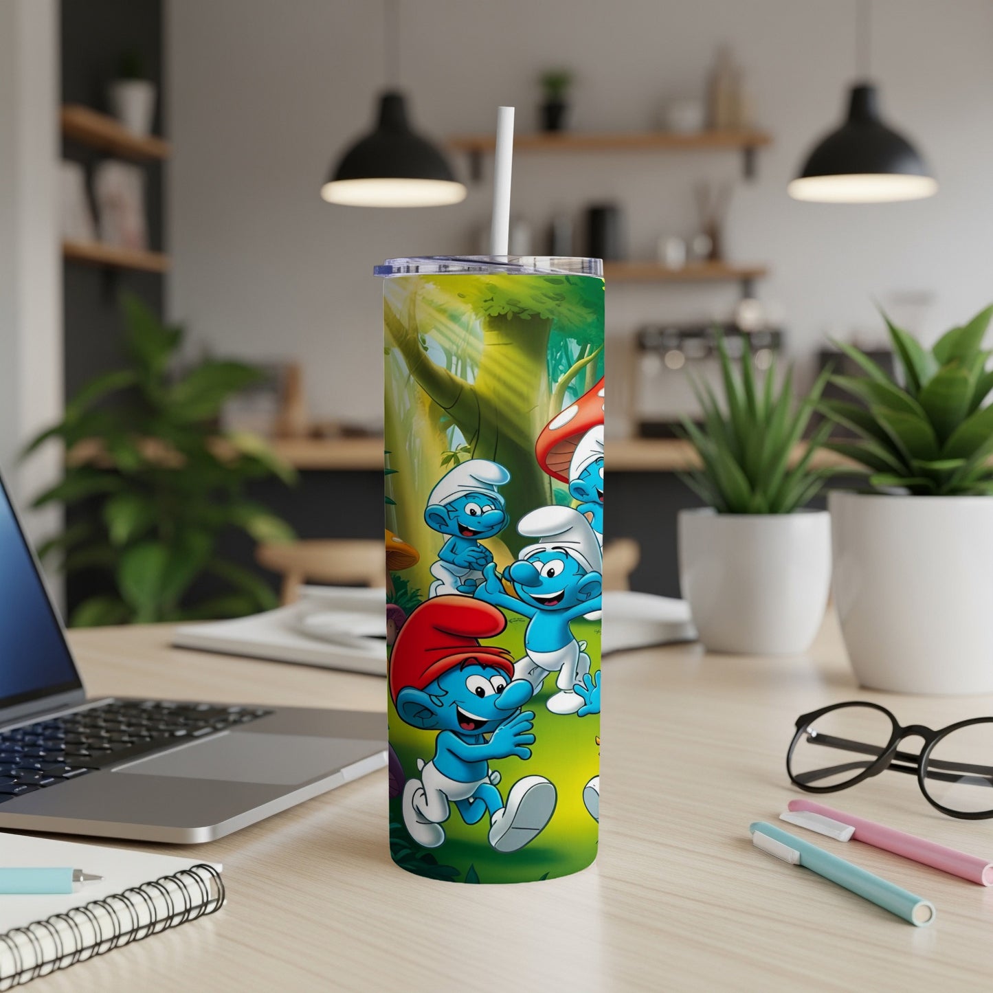 Smurfs characters with mushrooms on a green forest background, on a tumbler.