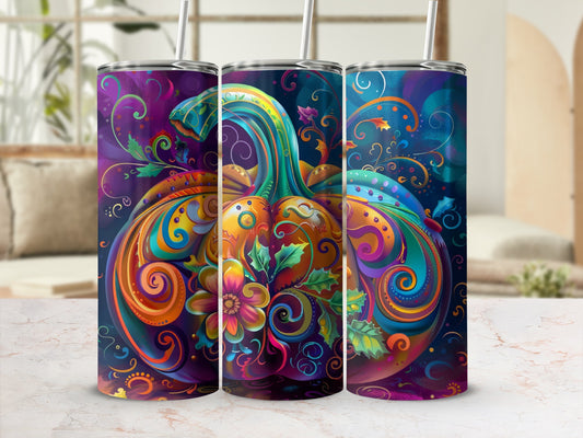 Colorful pumpkin tumbler with swirling floral patterns.