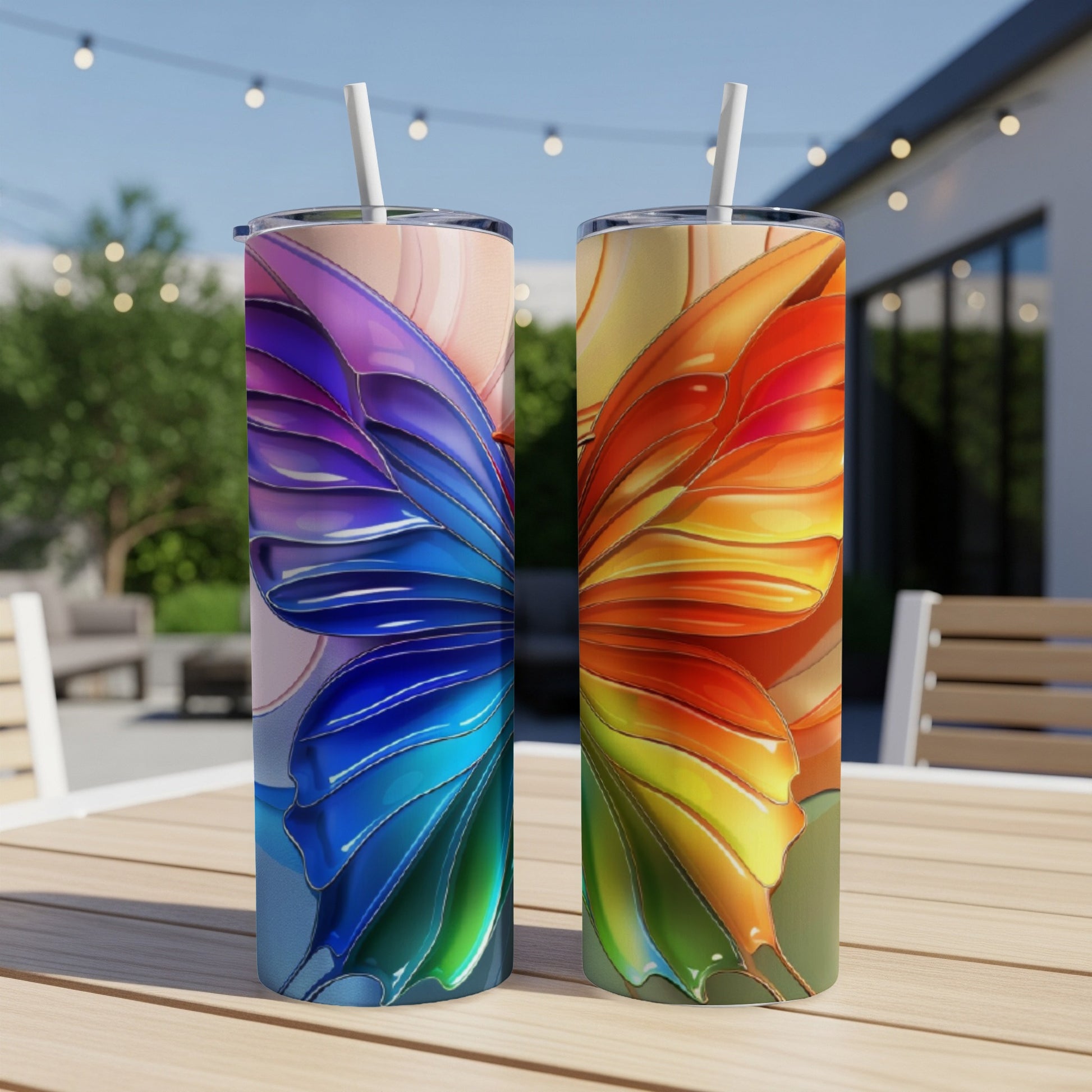 Two tumblers with butterfly wing designs, one blue and purple, one orange and red.
