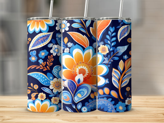 Three tumblers with a dark blue background and a floral pattern in orange and blue.