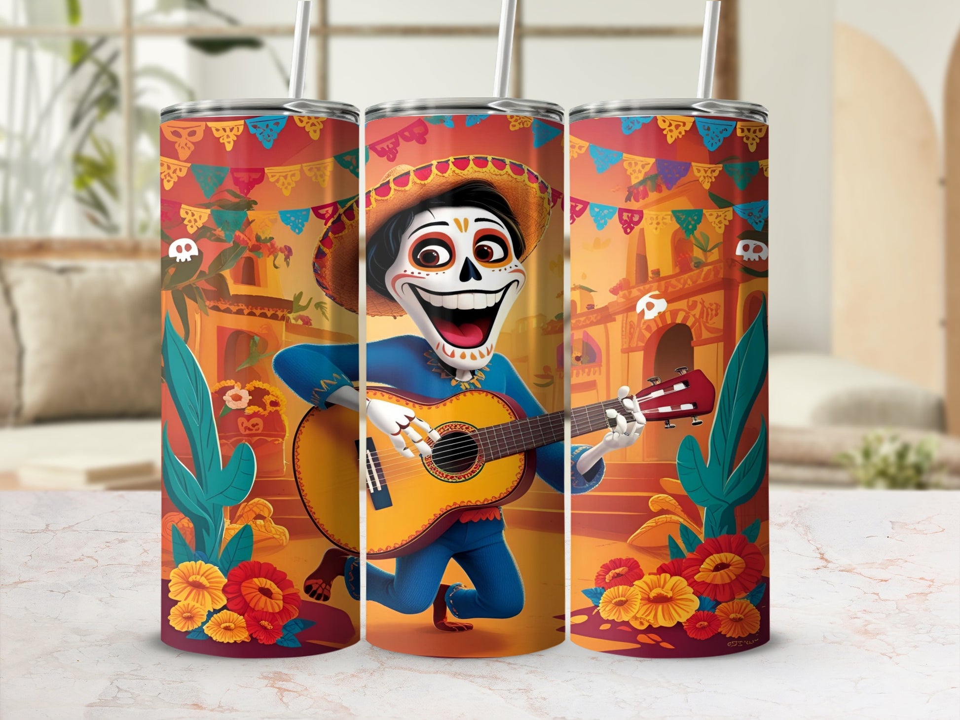 Day of the Dead skeleton playing guitar with festive decorations and cacti.