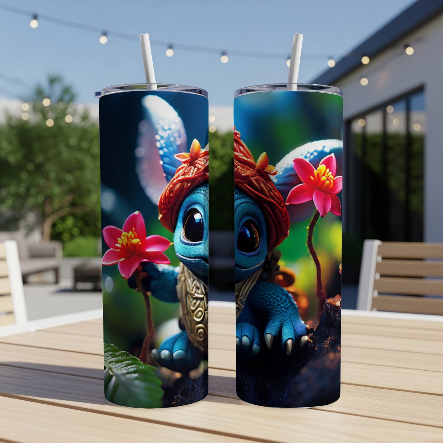 Two blue alien characters with pink flowers, sitting on a wooden table.
