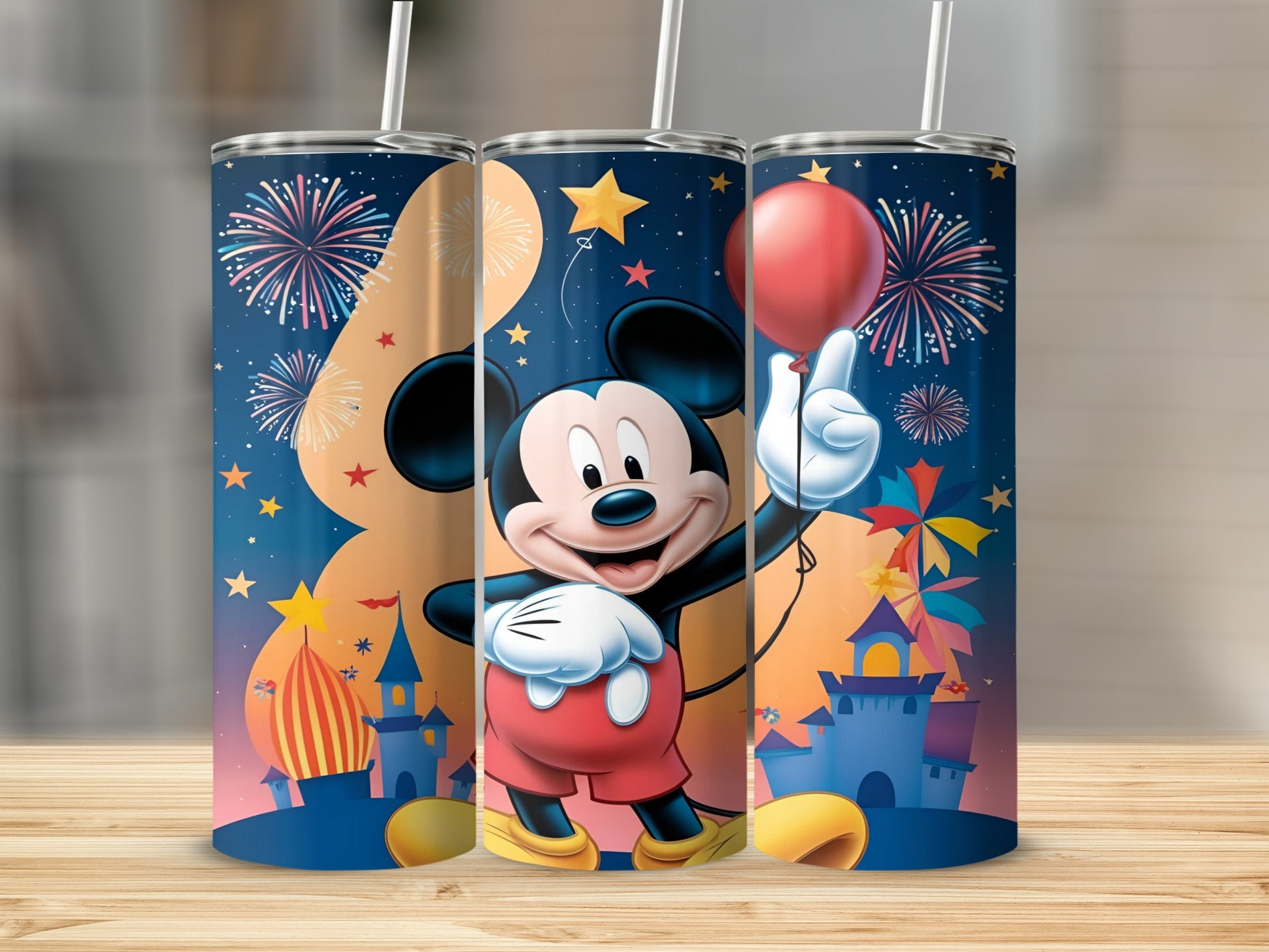 Mickey Mouse holding a red balloon with fireworks and castles.