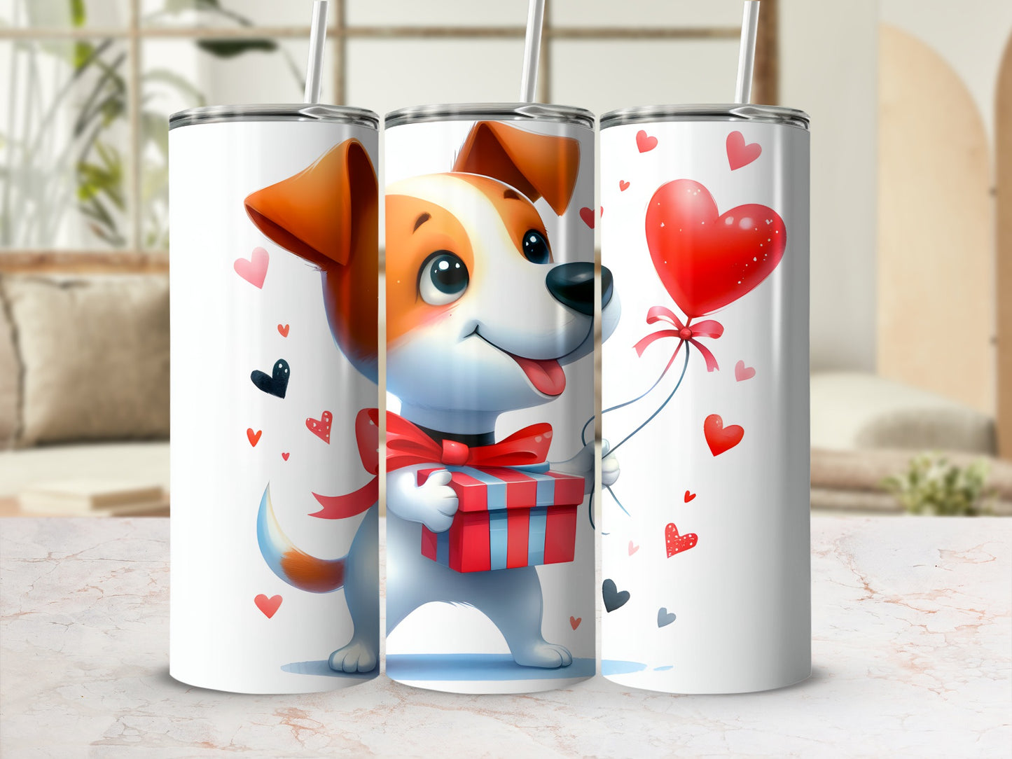Dog holding gift and heart balloon, with scattered hearts.