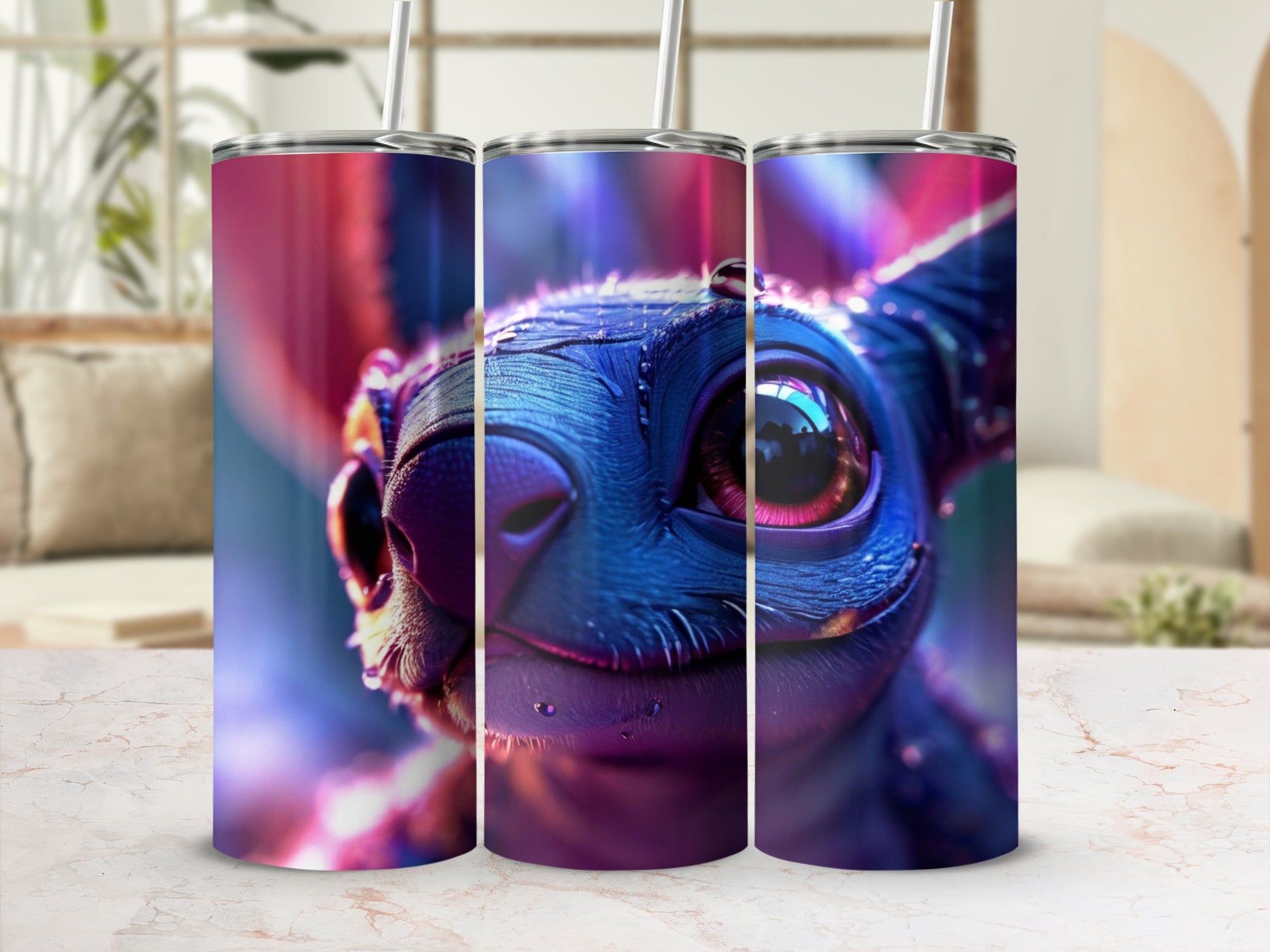 Three purple Stitch tumblers with straws in a row, close-up view.