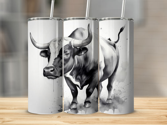 Tattoo-style bull illustration on three white tumblers.