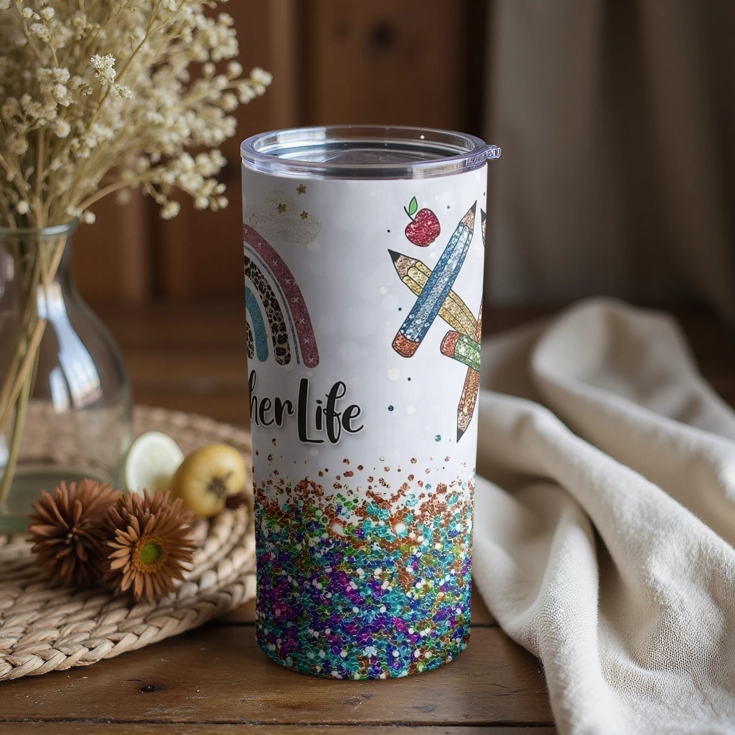 Colorful Glitter Teacher Life Tumbler Cup