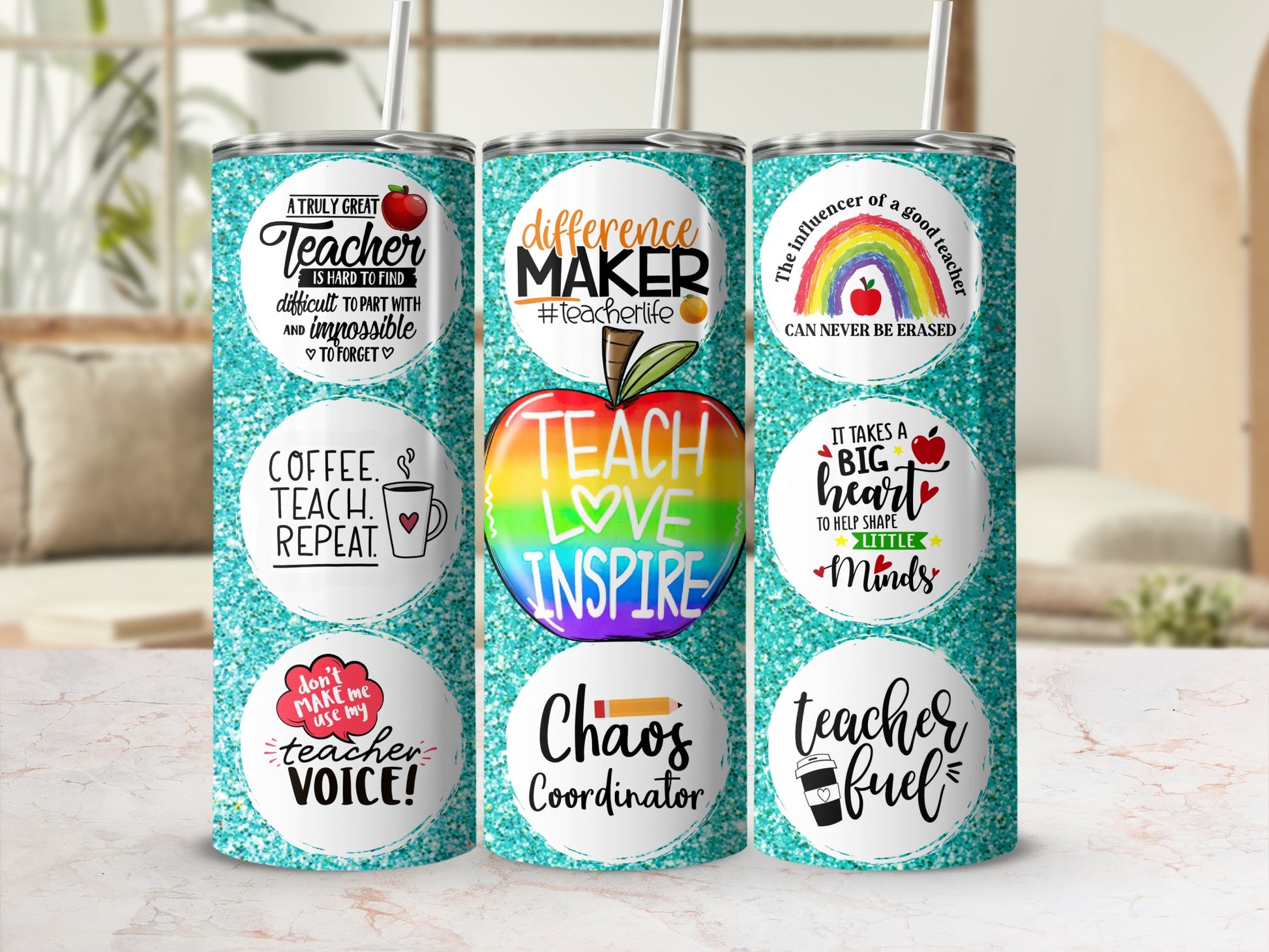 Three tumblers with teacher-themed designs and motivational quotes.