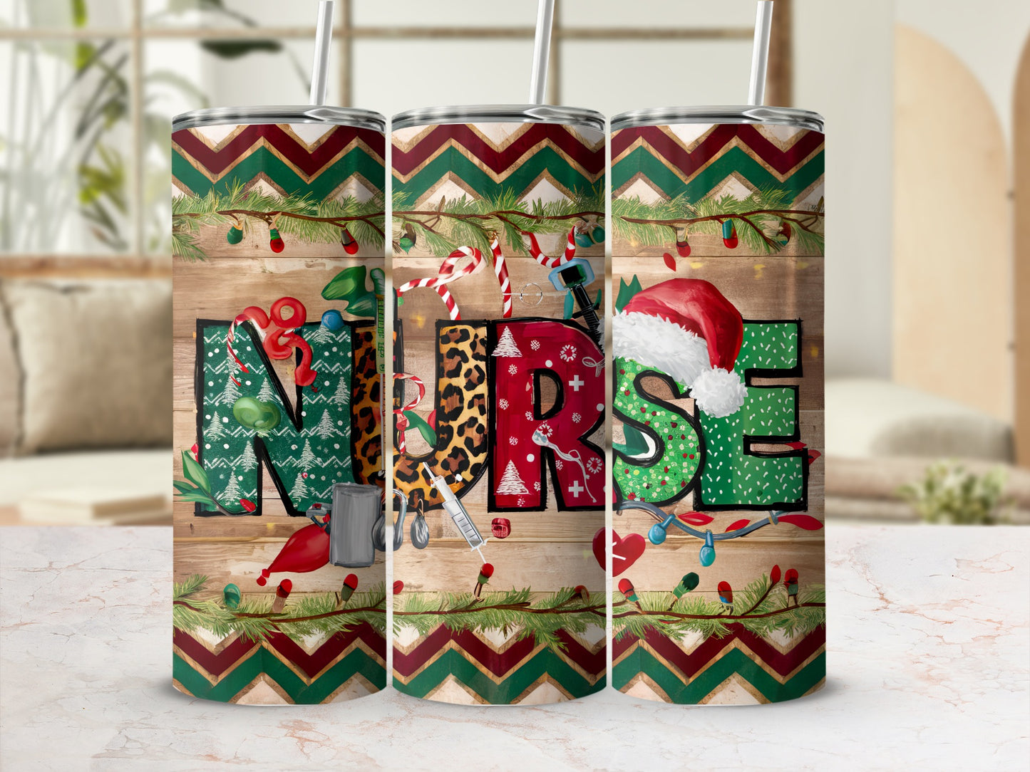 Nurse tumbler with festive Christmas design and medical icons.