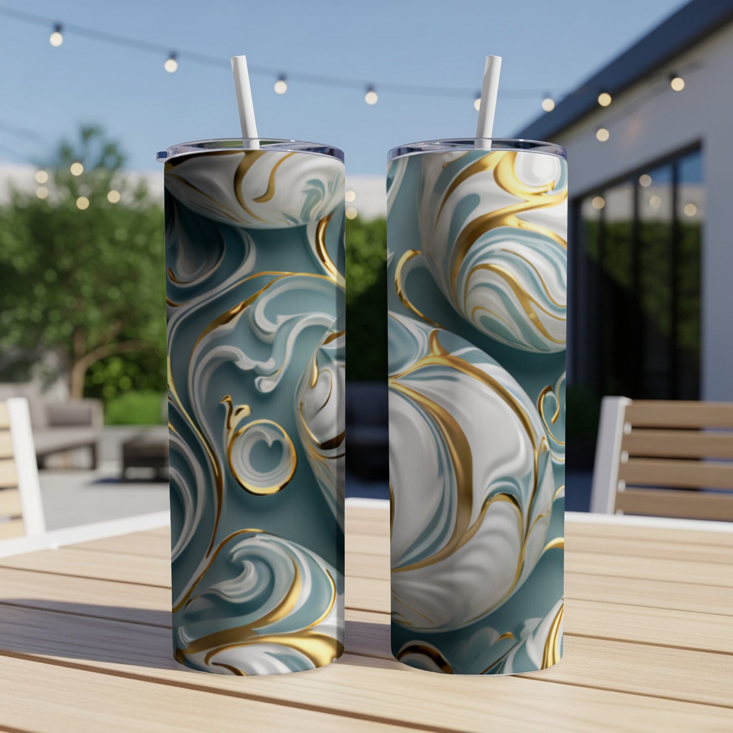 Two tumblers with swirling teal, white, and gold abstract pattern.