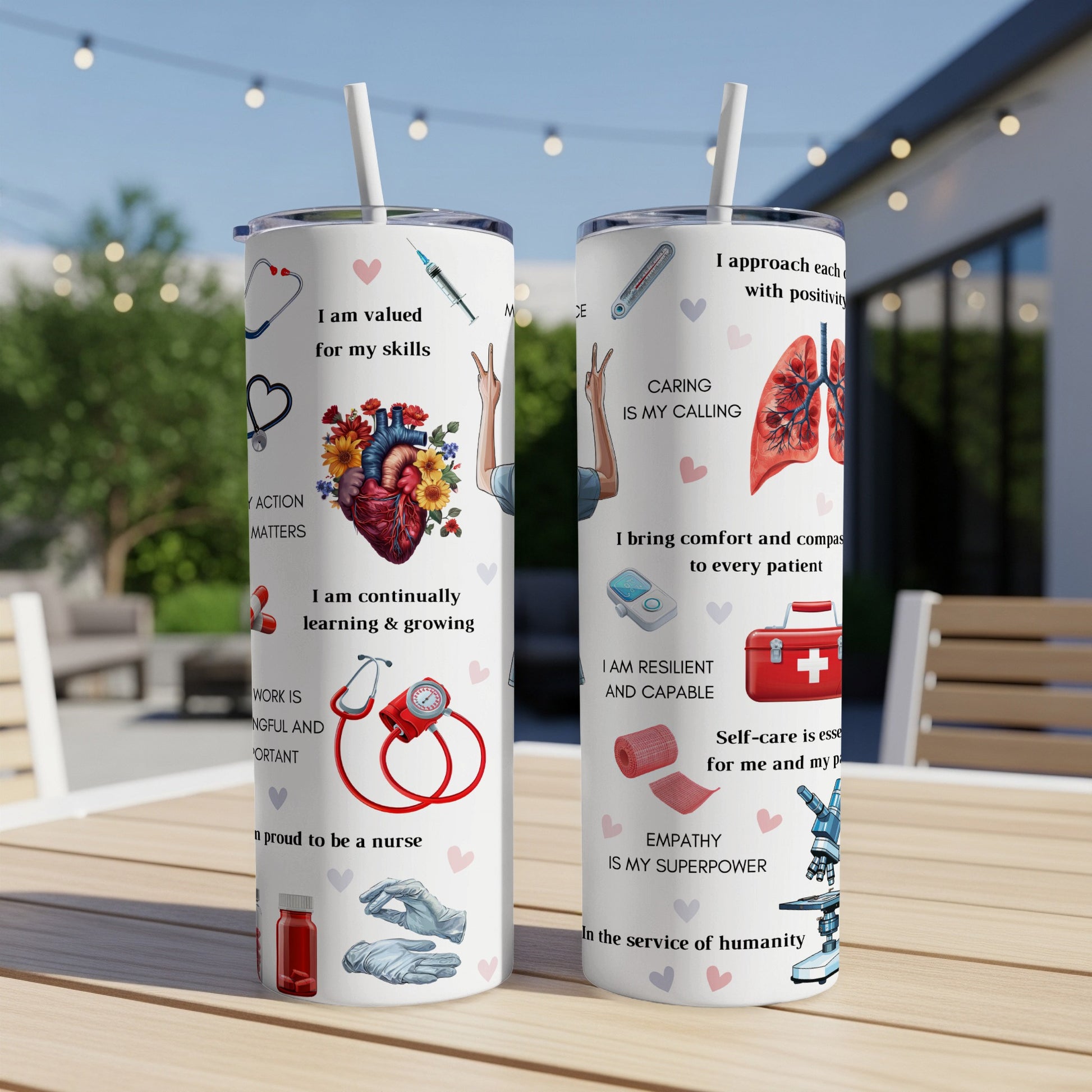 Tumbler with medical graphics, stethoscope, syringe, and nursing quotes.
