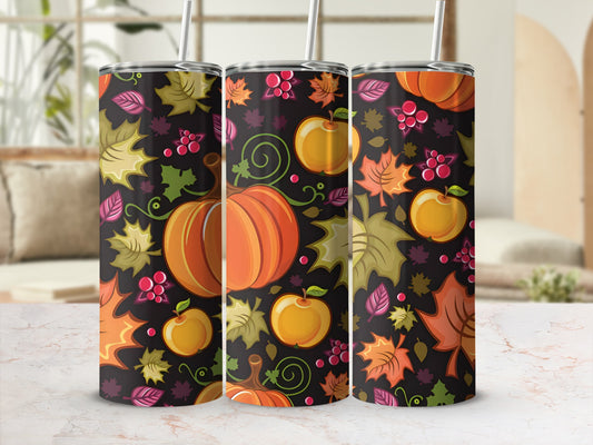 Fall leaves, pumpkins, and apples pattern on three tumblers.