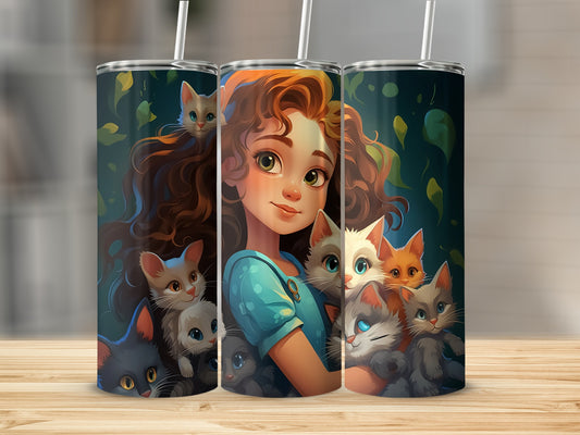 Girl holding several cats, with leaves and stems in background.