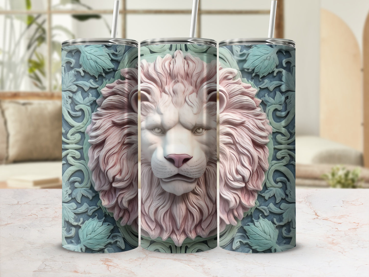 3D lion's head with ornate floral pattern on a textured tumbler.
