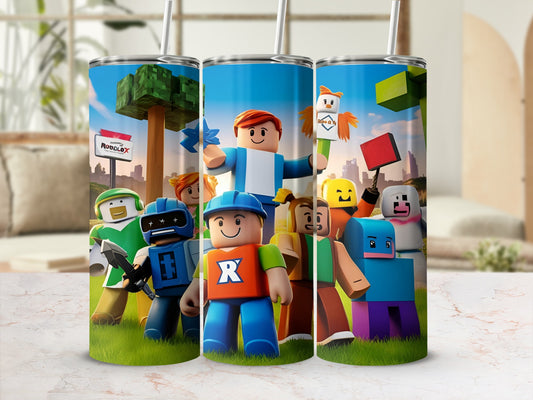Roblox characters on tumblers with a wooden background.