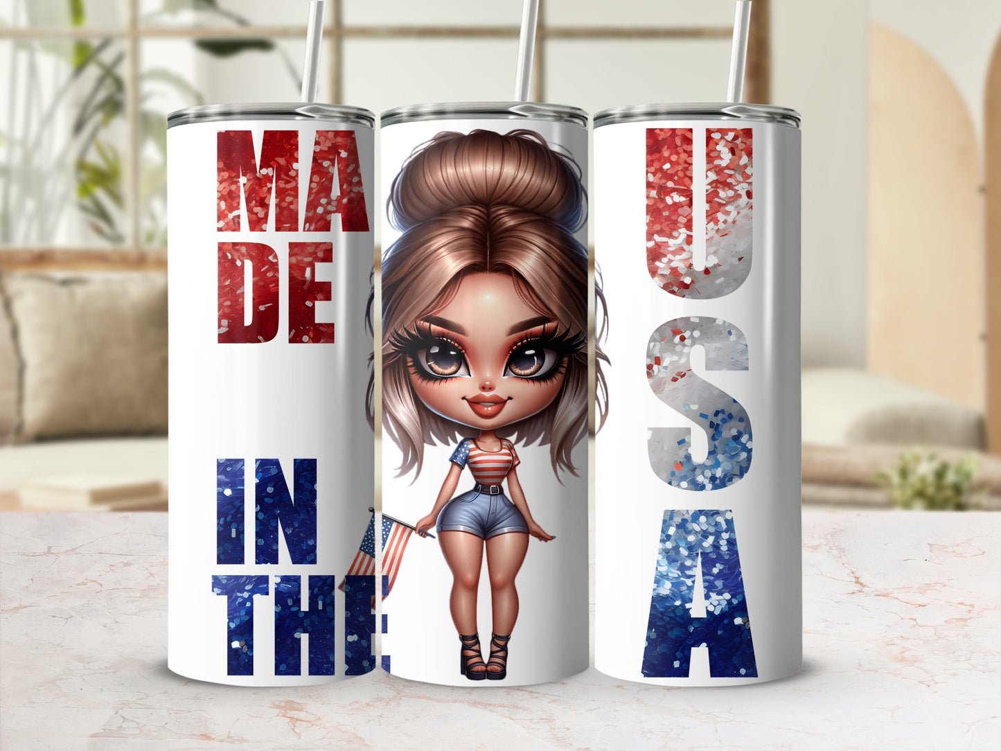 "Made in the USA" text on tumblers with patriotic girl illustration.