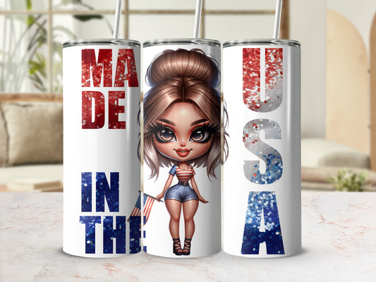 "Made in the USA" text on tumblers with patriotic girl illustration.