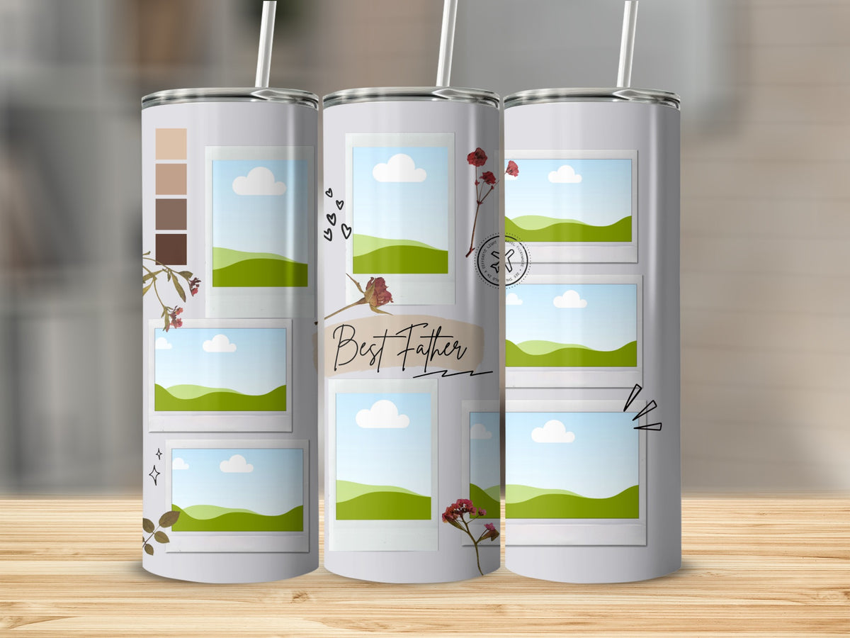 Three tumblers with photo frame designs and "Best Father" text.