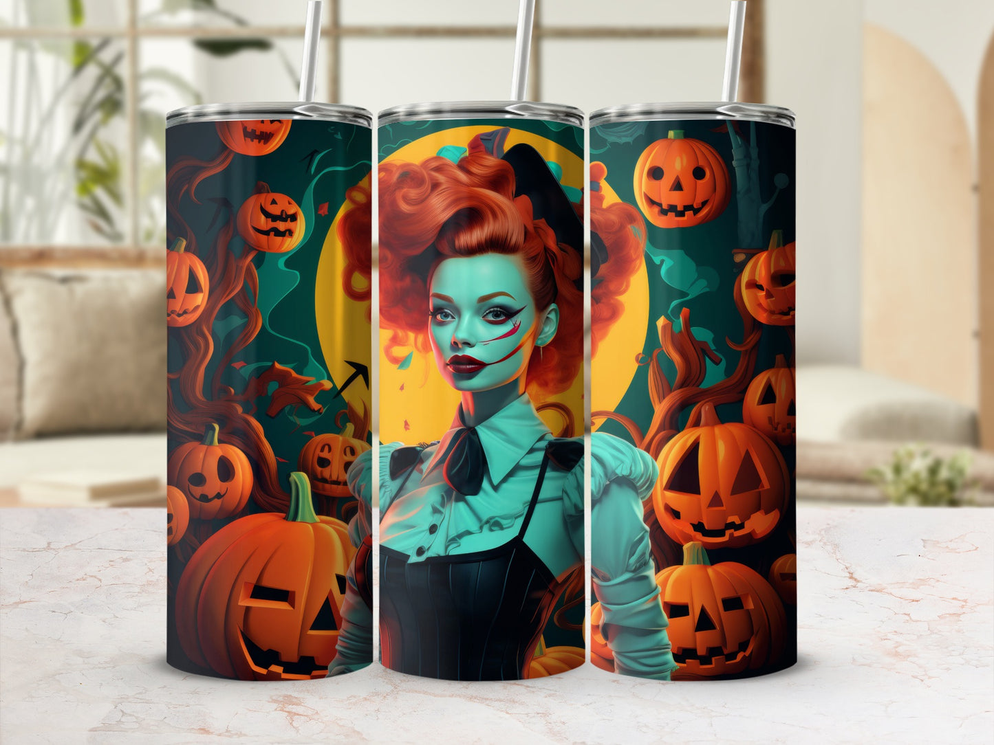 Three tumblers feature a Halloween design with a woman and jack-o'-lanterns.