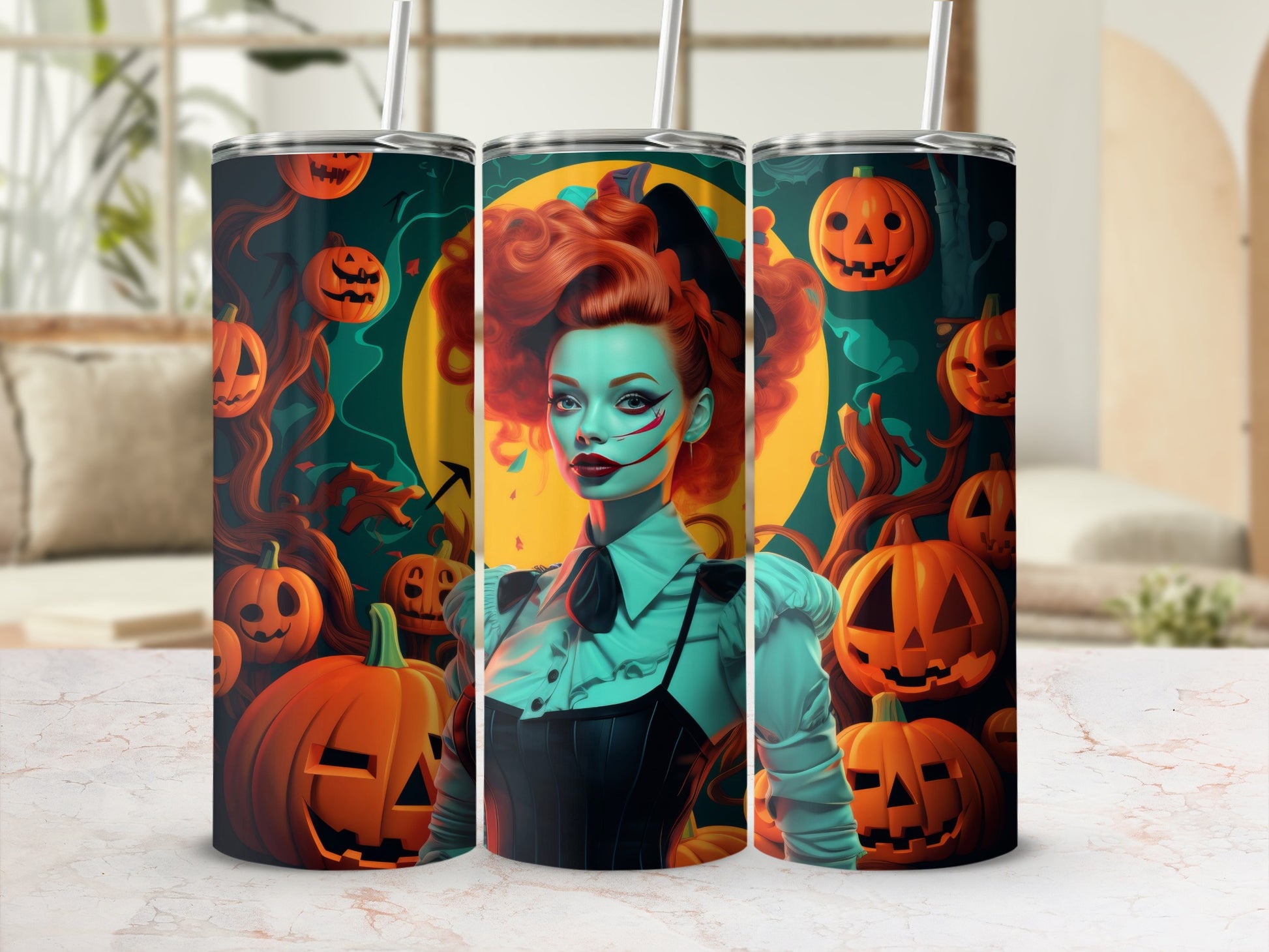 Three tumblers feature a Halloween design with a woman and jack-o'-lanterns.