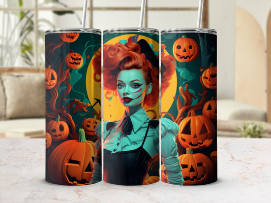 Three tumblers feature a Halloween design with a woman and jack-o'-lanterns.