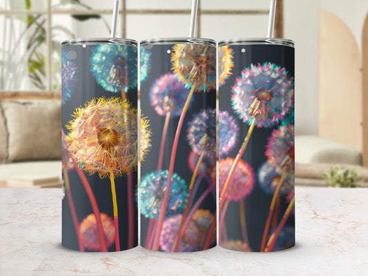 Three colorful dandelion seed heads on a marbled background.