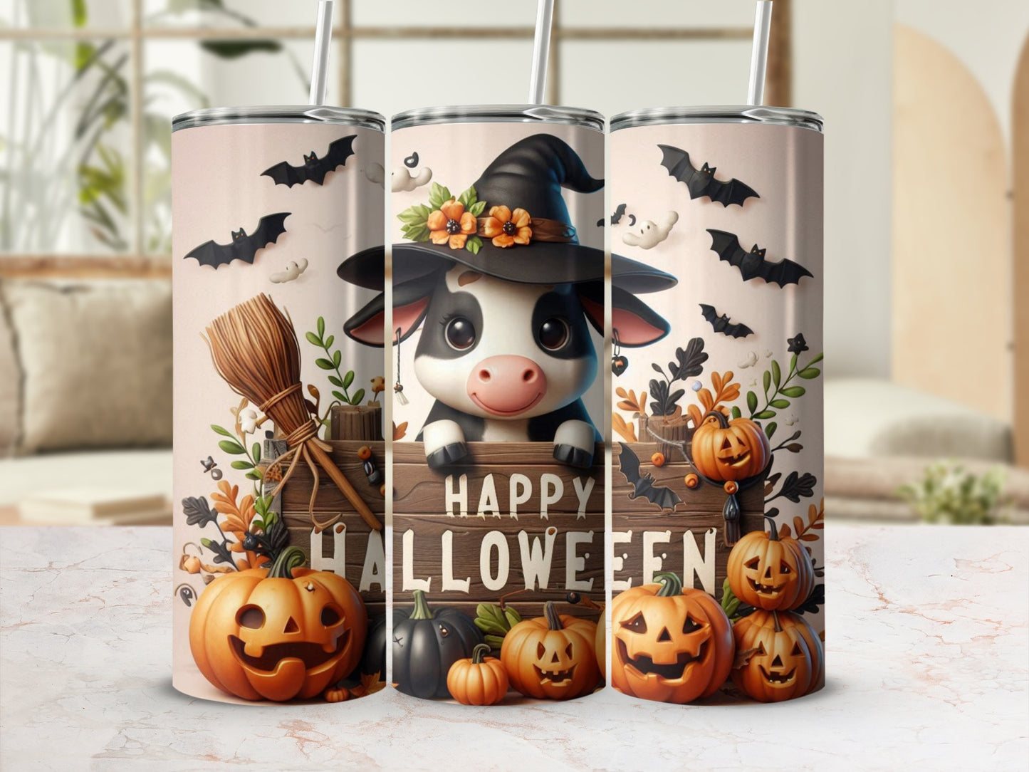 Happy Halloween Cow Witch Pumpkin Themed Tumbler