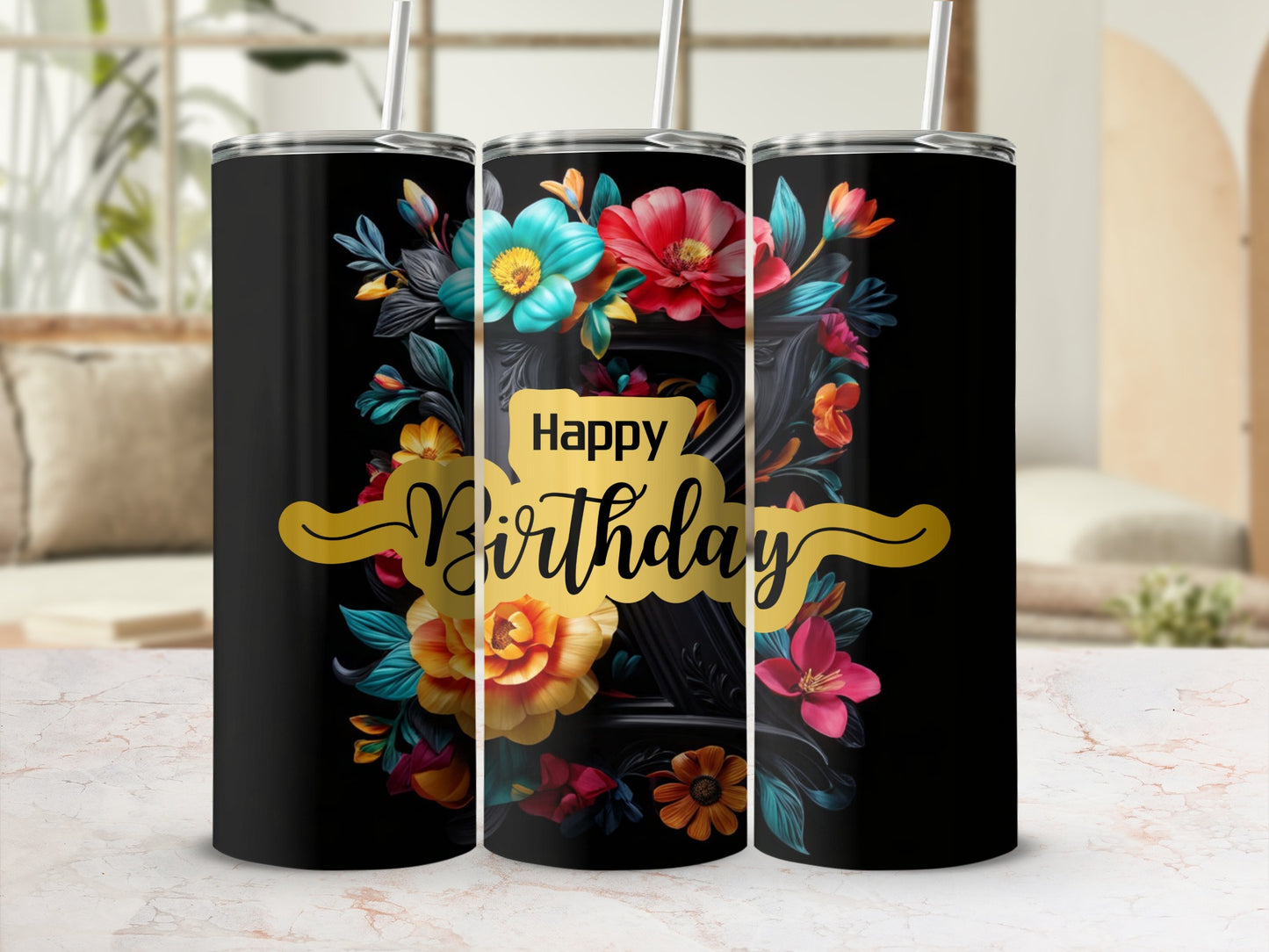 Black tumbler with colorful floral design and "Happy Birthday" text.