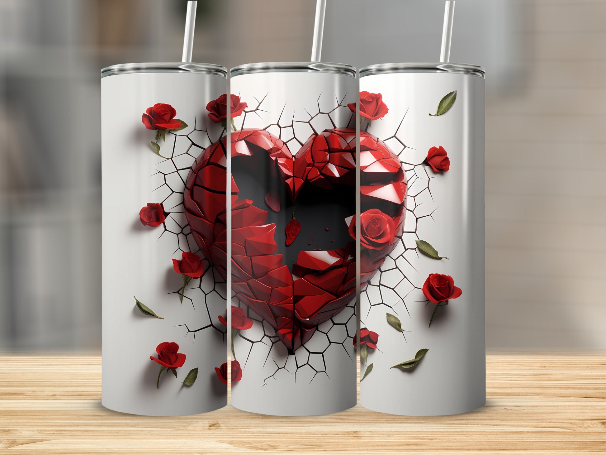 Cracked Heart and Red Roses Design Tumbler Cup