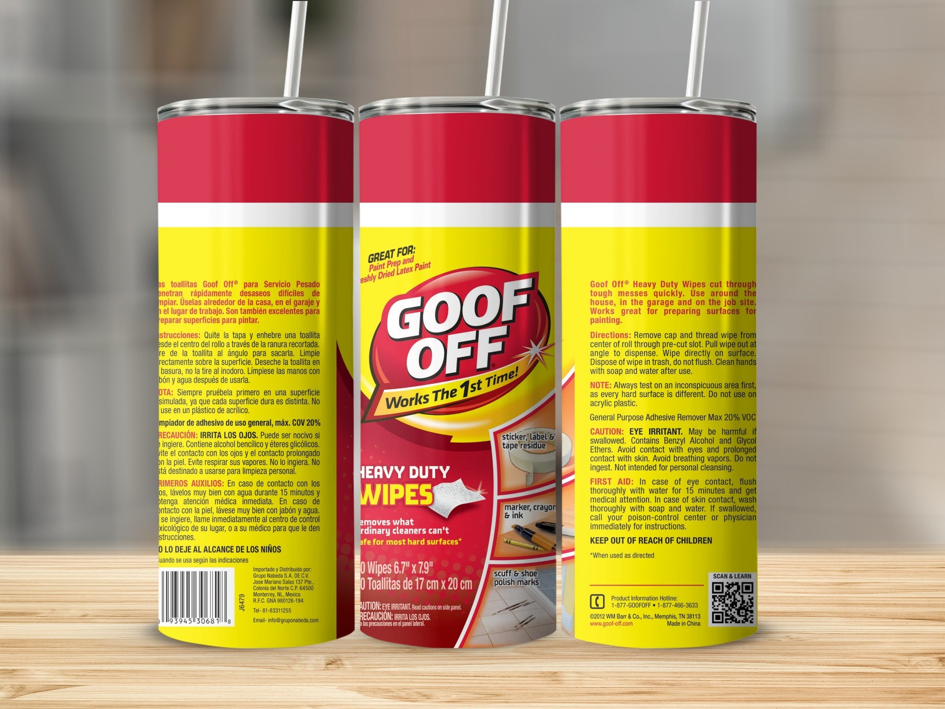 Goof Off Heavy Duty Wipes container with cleaning instructions and branding.